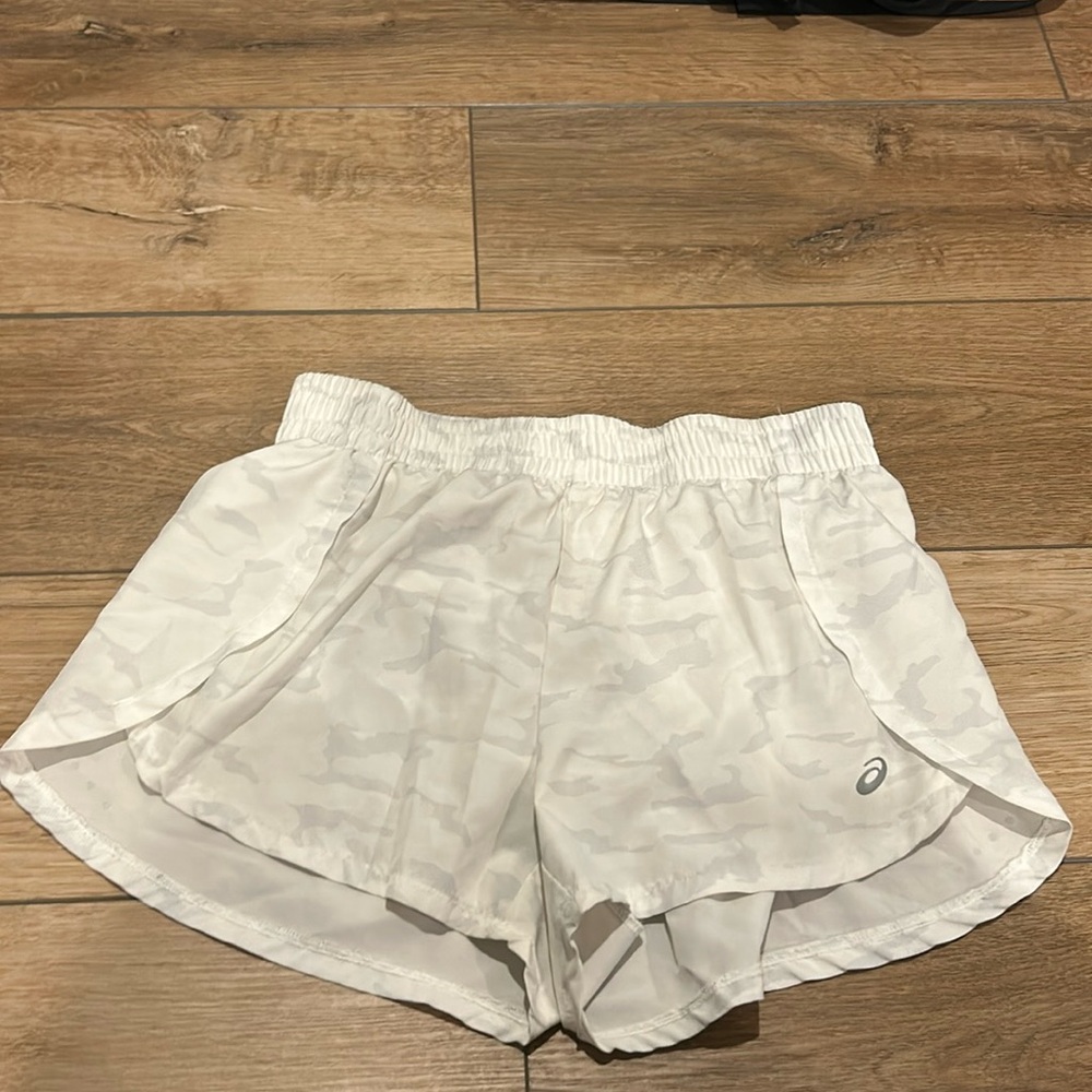 ASICS white camo running shorts, size S